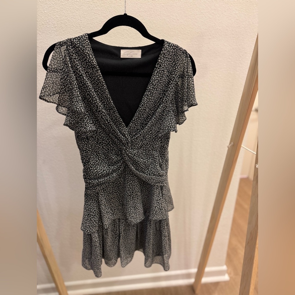 CJ Cruz—  Black Ruffle Dress with Pattern. S. Originally $80.